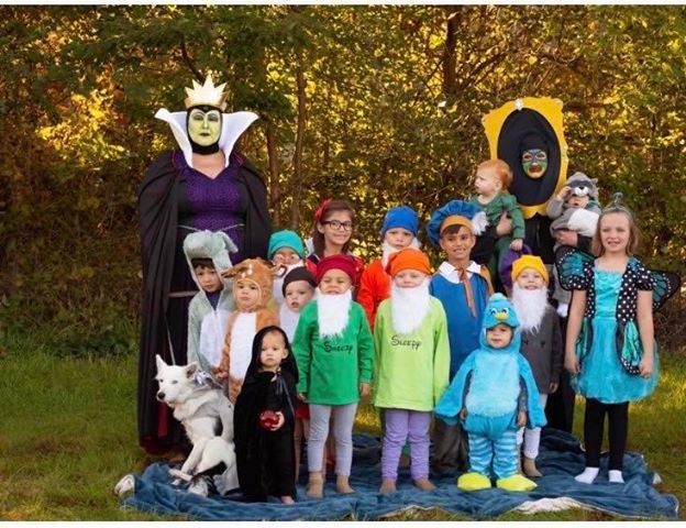 Snow White, Mirror Mirror on the Wall, Prince Charming, Evil Queen, witch with the Apple, 7 dwarves and woodland animals; dog is a squirrel